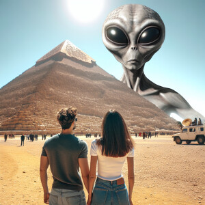 Full veiw of Picture of an Egyptian pyramid with a grey aliens h...