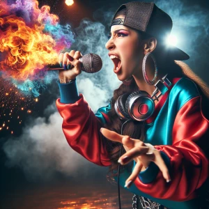 A hip hop MC energetically delivering lines into a microphone th...