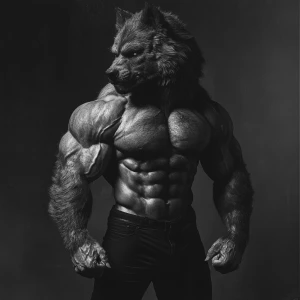 A muscular lycanthrope with dense fur, posed to display a full-b...