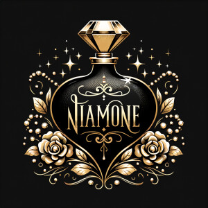 Design a fancy, black and gold bottle of perfume in the shape of a woman’s body. With a golden diamond top, flowers pearls and Diamonds in the name, Karen