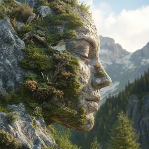 Create an 8K UHD 3D image that blends a stunning human face seamlessly with a Rocky Mountain landscape, using local fauna and flora to form the facial features. Ensure photorealism and intricate detailing for a cohesive and natural appearance.