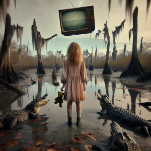 a girl in close proximity to three alligators in a Louisiana swa...