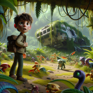 The boy is standing on another planet covered with jungle. Unusu...