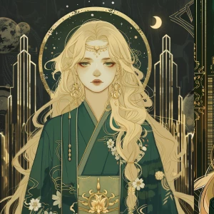 Alphonse Mucha–inspired Art Deco manga fusion portrait of a rega...