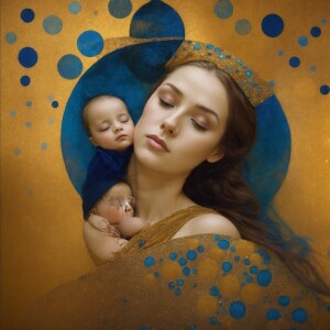 Create an image in the style of Gustav Klimt depicting a mother...