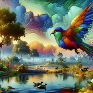 Weird imaginary bird, vivid colors, hyper ultra photorealistic