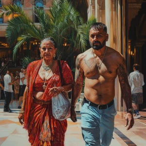 Hyperrealism.A sweaty  man walking with his mother in law with n...