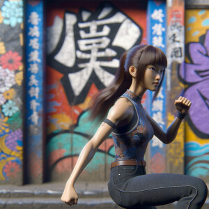 Athletic Thin skinny Attractive, Asian teenage girl, long brown hair and bangs, wearing tight skinny jeans and a halter top paint marks on her clothing, heroic pose Asian graffiti background, backside view