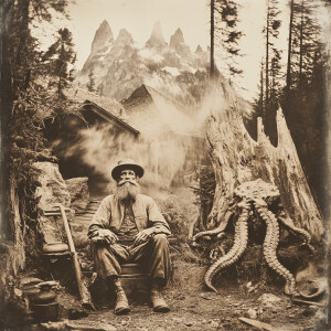 Vintage photo of hermit living with monsters, sepia-toned daguer...