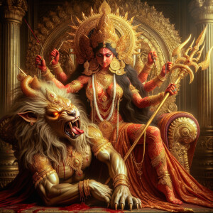 portrait of angry looking goddess durga sitting on a gold crown and carrying a weak mahishasur on her lap and stabbing him with her amazingly designed trident. She is wearing gold armor, a huge gold crown, gold saree, abundant  gold jewelry, covered in blood. The scene is set in ancient India. The image is 8K resolution, cinematic, ultra detailed face and epic.