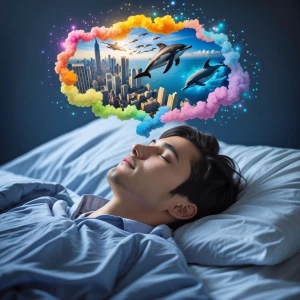 A person sleeping peacefully with a colorful dream bubble above...