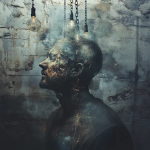 "Create a highly detailed, surreal portrait of a man in a neglec...