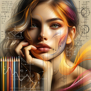 Abstract, minimalist, painting, with pencil line, paint stroke, gestures, colorful marks, mathematical equations, electrical cardiogram, printouts complex math formulas, dna asian teen girl