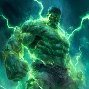 Graphic-style full-body illustration of the Incredible Hulk, sta...