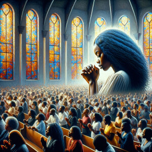 An oil painting depicting an African-American woman with long, wavy black hair, deeply immersed in prayer within a vibrant church setting. She is surrounded by a congregation of African-American individuals, all collectively engaged in worship and praise. The church is adorned with vividly colored stained glass windows, casting a mosaic of light that adds to the spiritual ambiance of the scene.