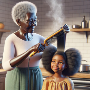 Create a realistic 3-D image of an african-American grandmother in the kitchen with her african-American granddaughter. The grandmother has a hot comb in her hair and she is straightening her granddaughters hair. One side of her granddaughters hair is in  a Afro the other is bone straight 
There is smoke coming from the hot comb