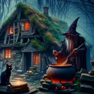 Ruins of an old cottage shrouded in a mysterious dark forest. An...