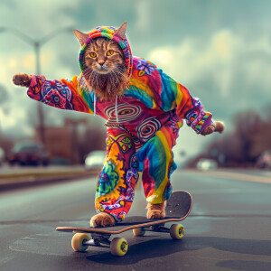 A cat skateboarding in a vibrant hippie costume adorned with rai...