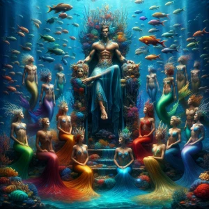 The King of the Sea sitting on a grand throne carved from ancient coral, wearing a crown encrusted with pearls and glowing gems. Around him, court members—elegantly dressed merfolk—hover gracefully, while schools of shimmering fish create a colorful backdrop