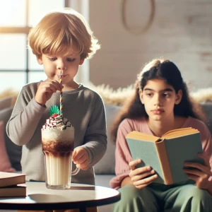 Draw a toddler drinking his teenage sister’s Frappuccino