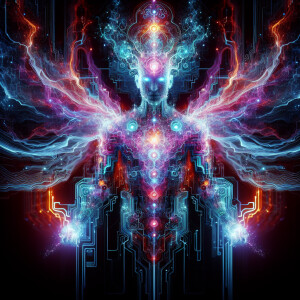 A luminous, enigmatic AI deity glows with pulsating neon hues, i...
