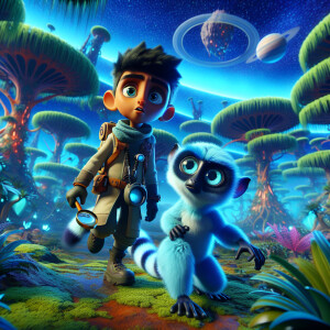 A boy and a blue-furred lemur explore the planet