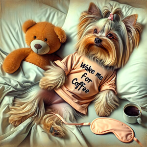 a long hair yorkie lying/lounging casually in bed(white sheets/s...