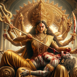 portrait of angry looking goddess durga sitting on a gold crown and carrying a weak mahishasur on her lap and stabbing him with her amazingly designed trident. She is wearing gold armor, a huge gold crown, gold saree, abundant  gold jewelry, covered in blood. The scene is set in ancient India. The image is 8K resolution, cinematic, ultra detailed face and epic.