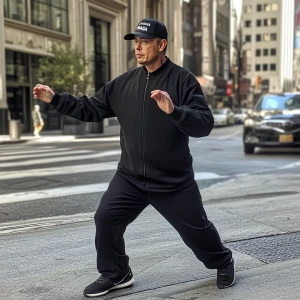 Elon Musk,practicing Tai-Chi in the street, track suit, black "M...