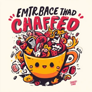 Cartoon coffee cup overflowing with whimsical chaos, swirling st...