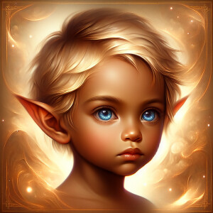 An elven baby with dark brown skin, blue eyes, and blonde hair.