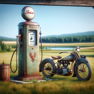 1920 gas pump sitting in a field, 1920 Indian motorcycle leaning...