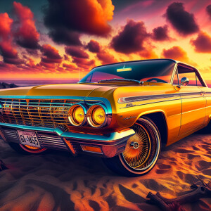 a heavily modified, lowrider yellow 1961 Impala with custom whee...