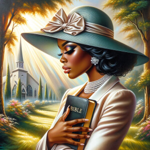 Render an airbrush oil painting of an African American woman with flawless makeup in a
contemplative pose, holding a Bible close to her heart, dressed in an elegant Sunday Best
outfit with a distinctive Church Hat. The background features a peaceful church garden,
with light filtering through the trees, highlighting her spiritual connection and the personal
moment of reflection. The artwork should capture the tranquility of the scene, the beauty
of her attire, and the depth of her contemplation, reflecting a serene and spiritually