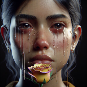 A young woman shedding tears that transform into a rose as they...