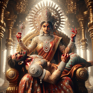 portrait of angry looking goddess durga, sitting on a gold crown...