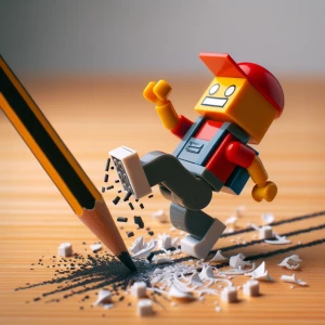 En una mesa está caminando un juguete de Lego pero en medio la m...