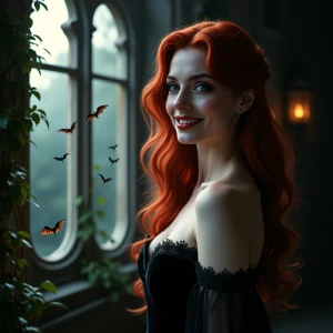 A photorealistic ultra-HD vertical portrait of a graceful red-ha...