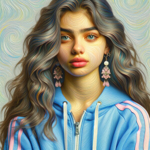 Young lady with mid length hair, dangling earrings, blue shorts,...