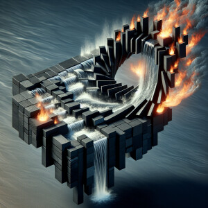 Black slate stone, floating waterfall connected through stainles...