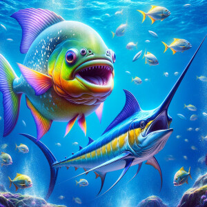 Purple lime piranha no teeth playing with a blue marlin
