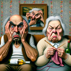 Digital art, a stylized elderly couple wearing hats, with exagge...