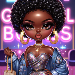 A full-body 300dpi portrait of a chibi style melanin queen   , g...