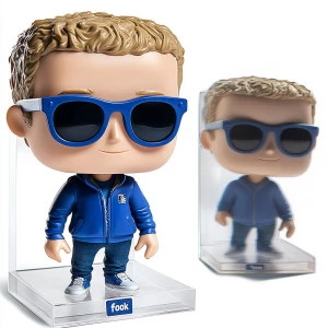 Create a Funko Pop figurine of Mark Zuckerberg, styled in the di...