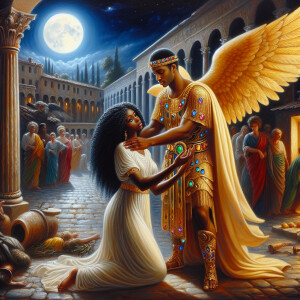 Create an oil painting image featuring a male angel and a grievi...