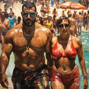 Realism,paintrealism,a muscular beefy criminal man walking with...