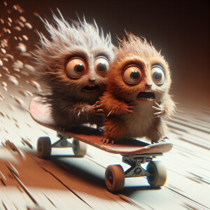 In this scene, gremlin and gizmo are riding an old and rusted sk...
