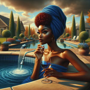 oil  painting : Patio landscape a jacuzzi on the patio blue wate...