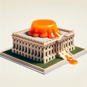 Create a highly realistic image showcasing the White House, featuring a massive, bright orange pudding atop the roof, with detailed drips flowing down the sides of the building's facade.