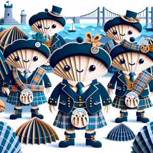 A group of clams wearing Scottish matching dark blue tam hat kil...